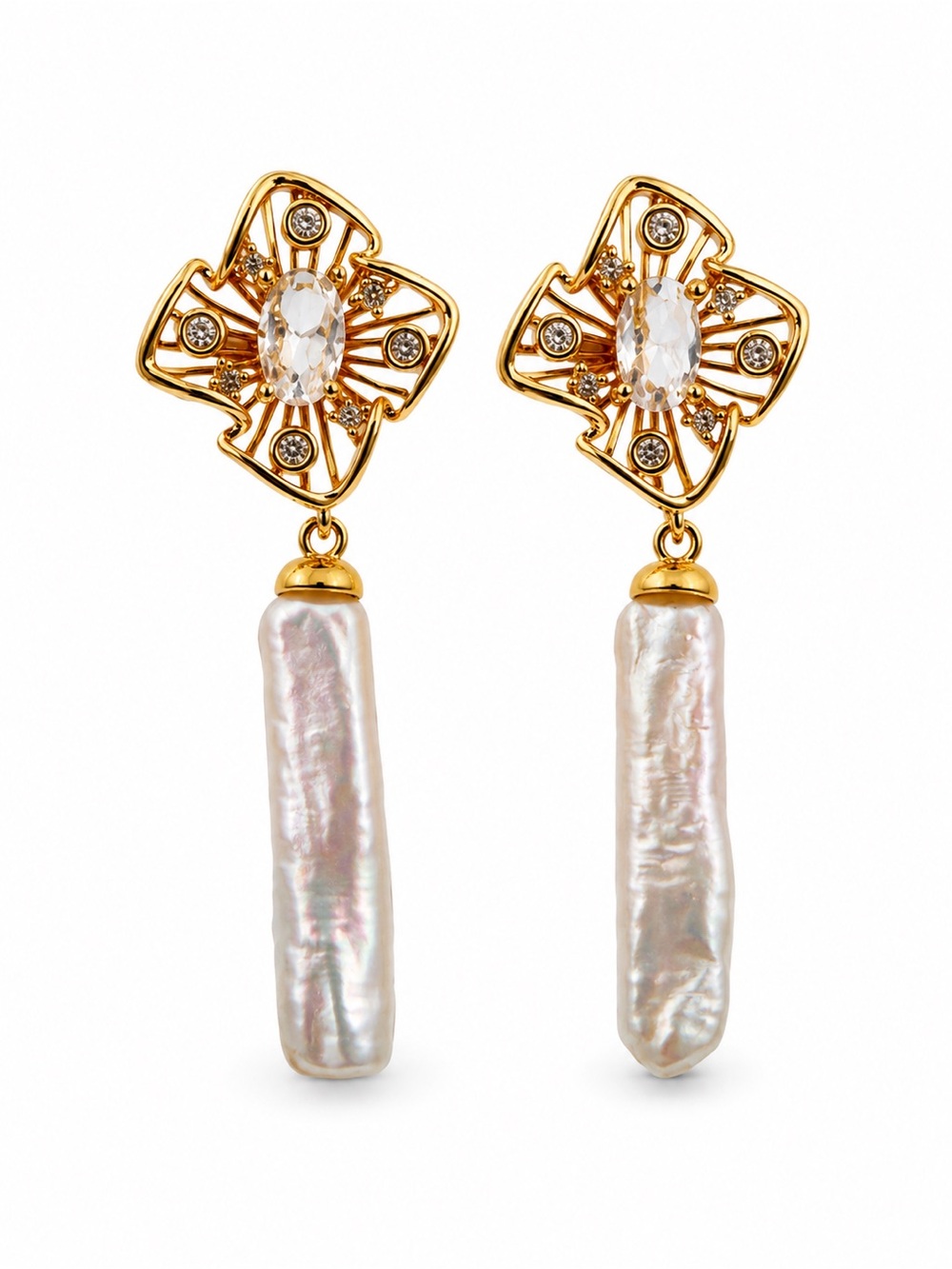 #E77 Golden Rosette Pearl Drop Earrings